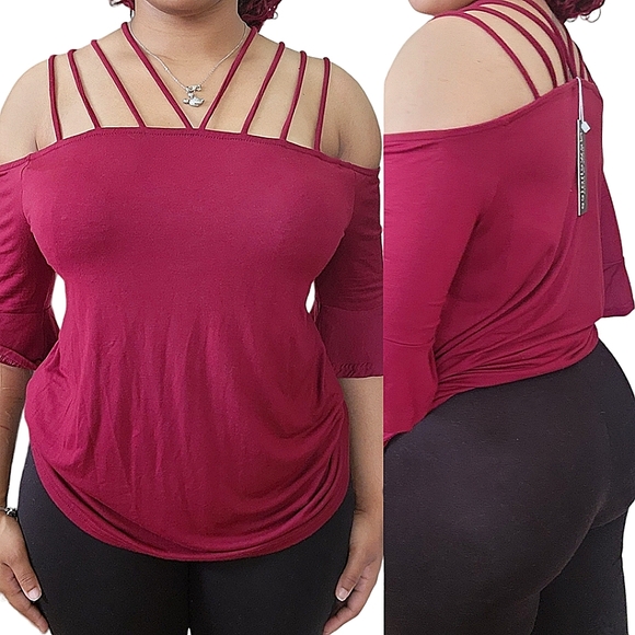 ❤️New Choice Burgundy Red Strappy Off The Shoulder Blouse☆ - Picture 2 of 3